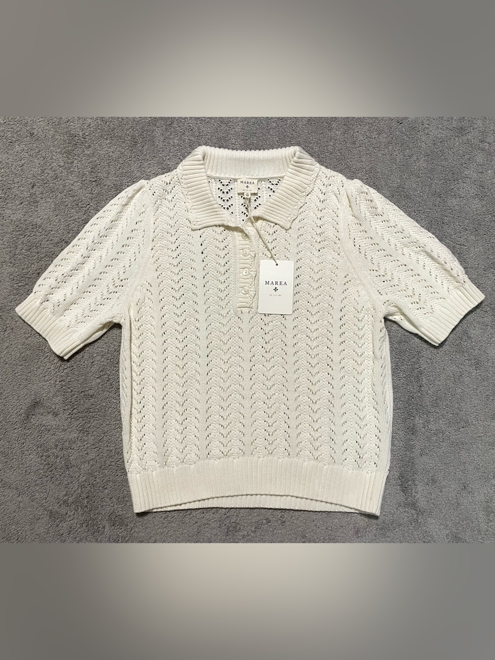 Marea By Liz Joy Pointelle Polo Womens M Ivory Cotton Wool Knit NWT